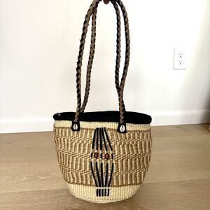 Vintage Kenyan Handwoven Tote Bag Kiondo Sisal Purse With leather Accents